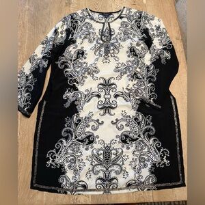 Roaman's Black White Tunic Caftan Dress Coverup Beaded Embellishments 18W NEW